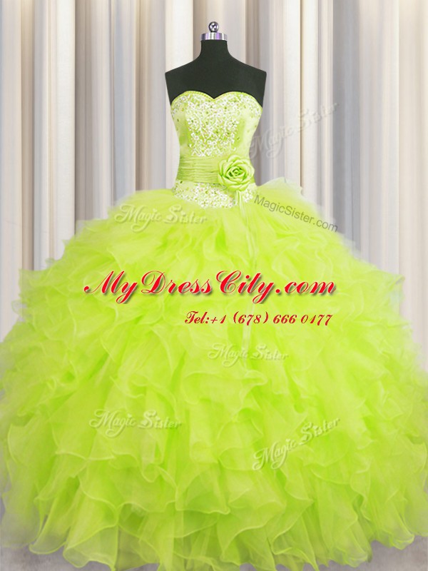 Handcrafted Flower Sleeveless Floor Length Beading and Ruffles and Hand Made Flower Lace Up Sweet 16 Dresses with Yellow Green