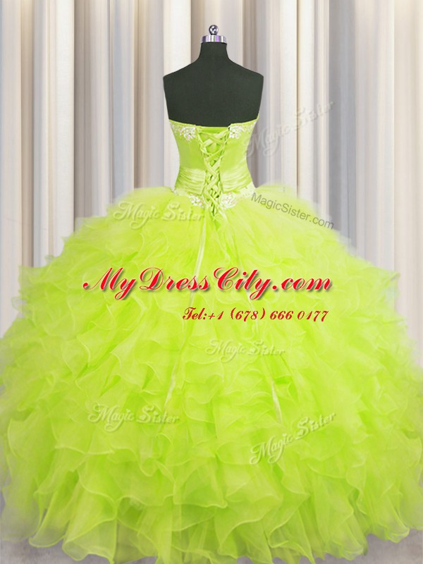 Handcrafted Flower Sleeveless Floor Length Beading and Ruffles and Hand Made Flower Lace Up Sweet 16 Dresses with Yellow Green