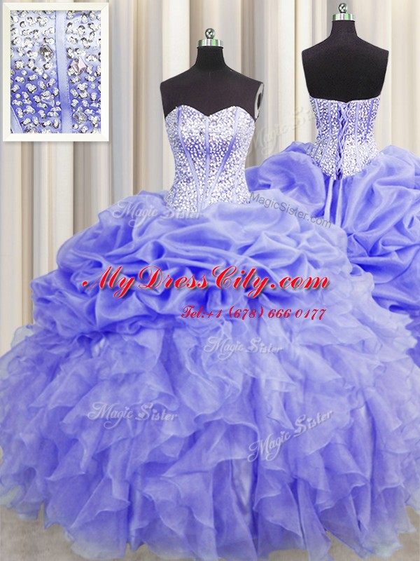 Visible Boning Lavender Sweetheart Neckline Beading and Ruffles and Pick Ups 15 Quinceanera Dress Sleeveless Lace Up