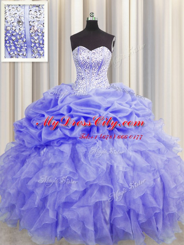 Visible Boning Lavender Sweetheart Neckline Beading and Ruffles and Pick Ups 15 Quinceanera Dress Sleeveless Lace Up