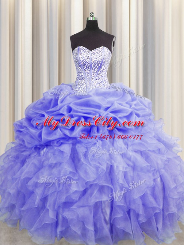 Visible Boning Lavender Sweetheart Neckline Beading and Ruffles and Pick Ups 15 Quinceanera Dress Sleeveless Lace Up