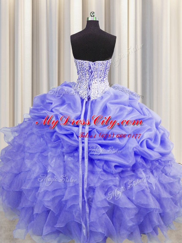 Visible Boning Lavender Sweetheart Neckline Beading and Ruffles and Pick Ups 15 Quinceanera Dress Sleeveless Lace Up