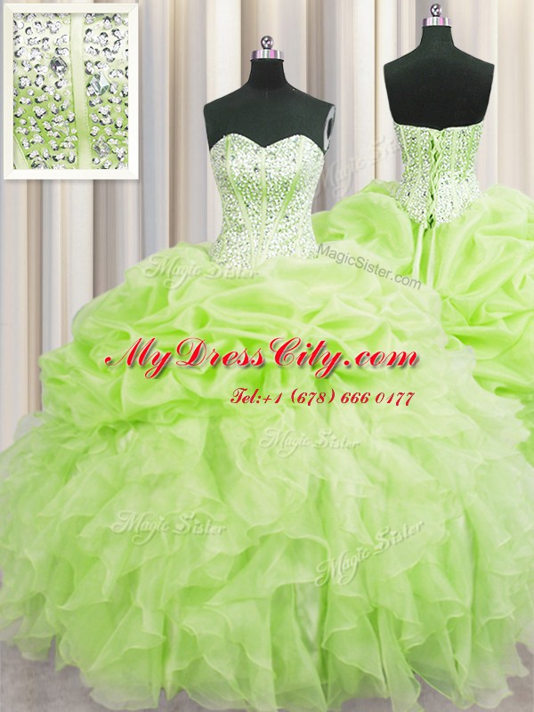 Visible Boning Floor Length Yellow Green Quinceanera Dress Organza Sleeveless Beading and Ruffles and Pick Ups