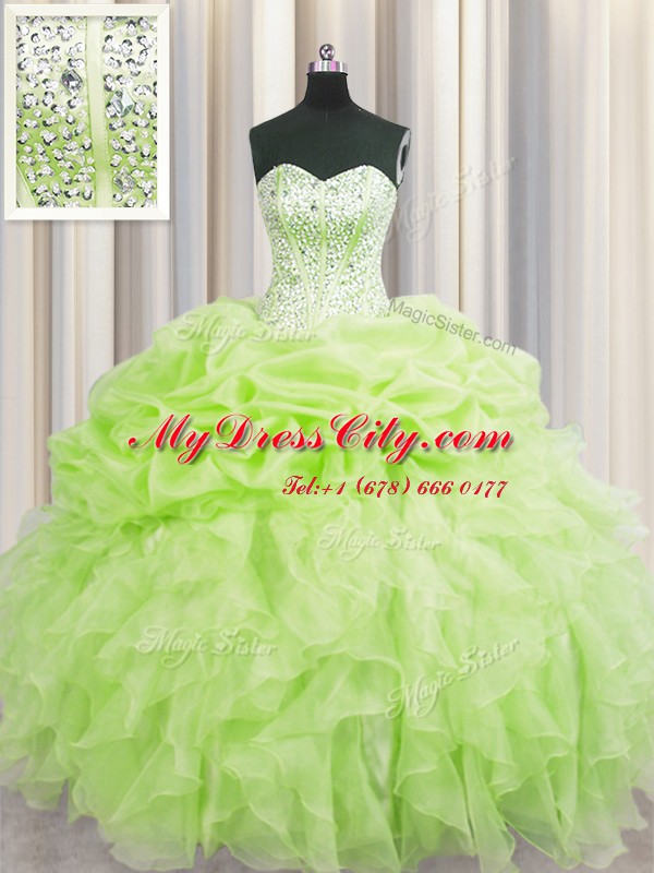 Visible Boning Floor Length Yellow Green Quinceanera Dress Organza Sleeveless Beading and Ruffles and Pick Ups