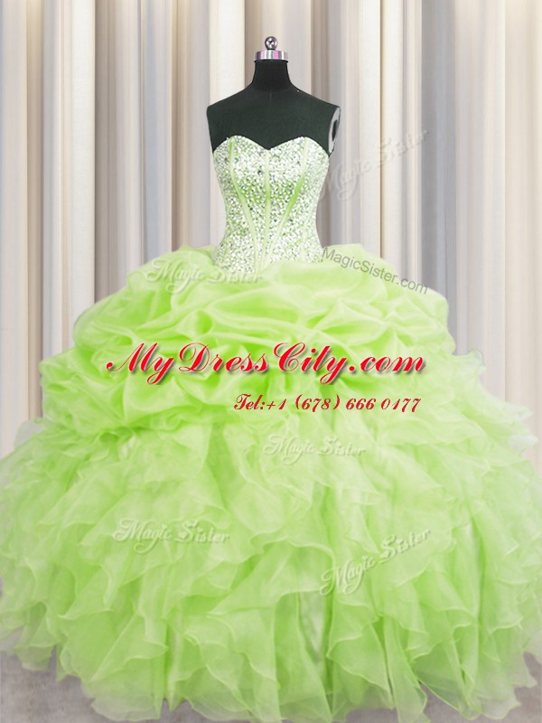 Visible Boning Floor Length Yellow Green Quinceanera Dress Organza Sleeveless Beading and Ruffles and Pick Ups