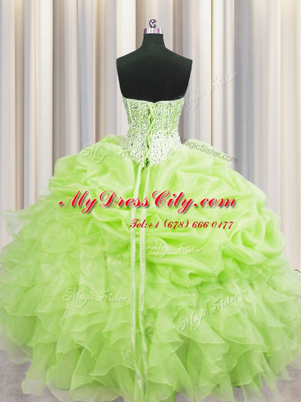 Visible Boning Floor Length Yellow Green Quinceanera Dress Organza Sleeveless Beading and Ruffles and Pick Ups