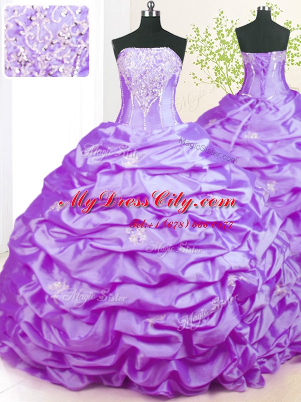 Hot Sale Taffeta Strapless Sleeveless Sweep Train Lace Up Beading Quince Ball Gowns in Lavender