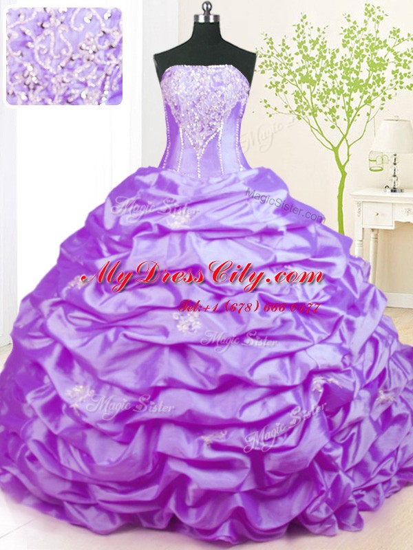 Hot Sale Taffeta Strapless Sleeveless Sweep Train Lace Up Beading Quince Ball Gowns in Lavender