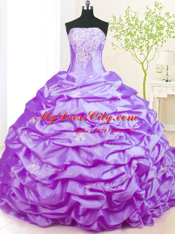 Hot Sale Taffeta Strapless Sleeveless Sweep Train Lace Up Beading Quince Ball Gowns in Lavender