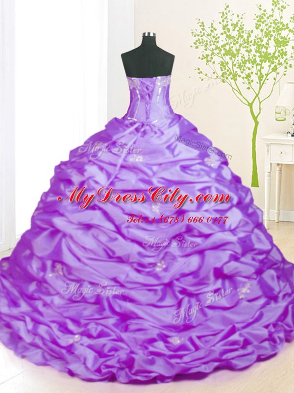 Hot Sale Taffeta Strapless Sleeveless Sweep Train Lace Up Beading Quince Ball Gowns in Lavender