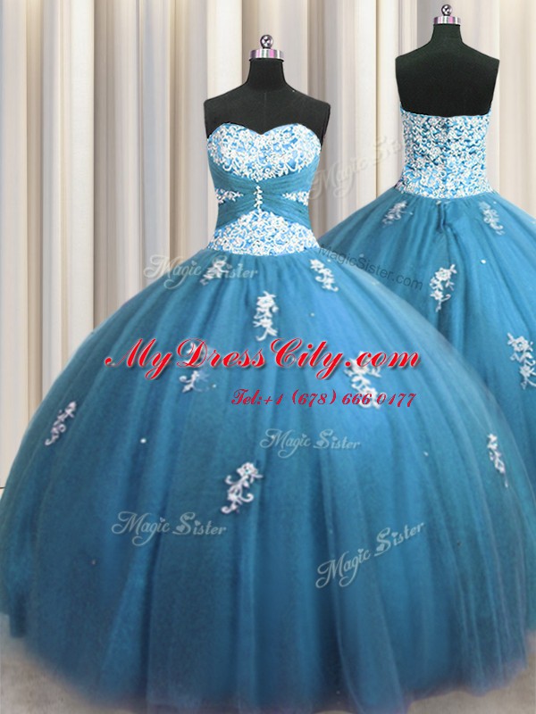 Teal Lace Up Sweetheart Beading and Appliques Sweet 16 Dress Tulle Sleeveless