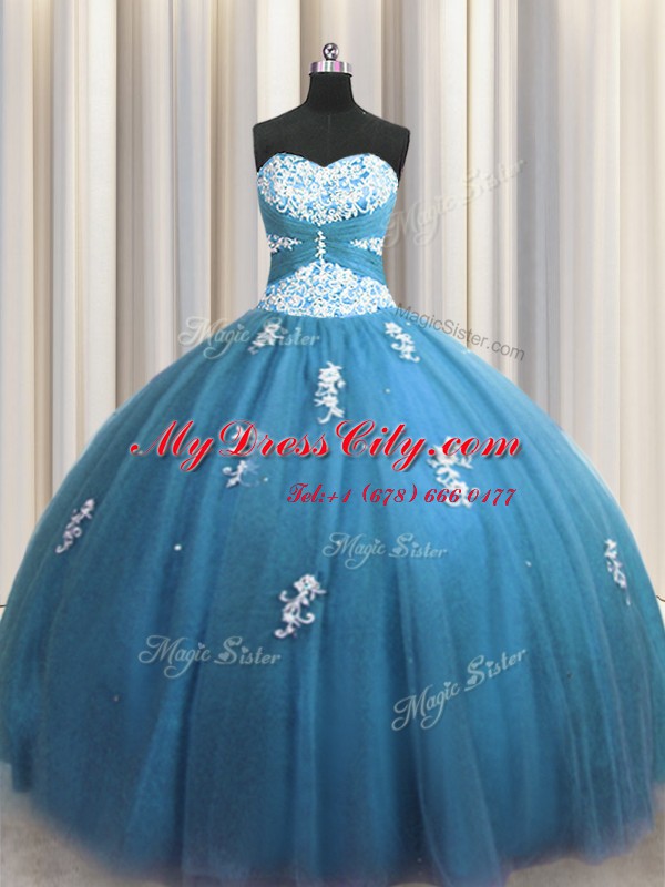 Teal Lace Up Sweetheart Beading and Appliques Sweet 16 Dress Tulle Sleeveless