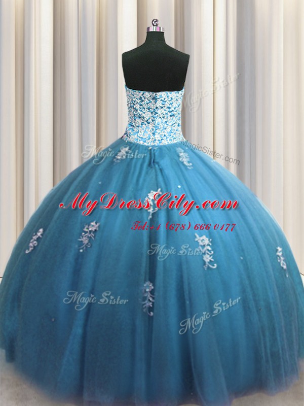 Teal Lace Up Sweetheart Beading and Appliques Sweet 16 Dress Tulle Sleeveless