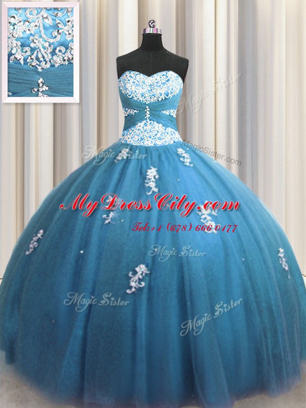 Teal Lace Up Sweetheart Beading and Appliques Sweet 16 Dress Tulle Sleeveless