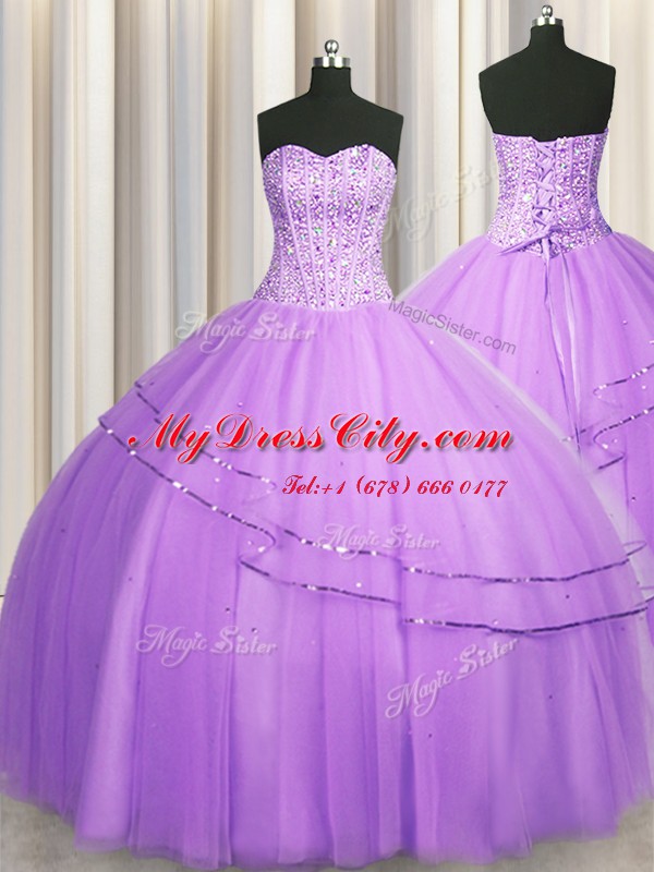 Cute Visible Boning Puffy Skirt Floor Length Lilac Sweet 16 Quinceanera Dress Sweetheart Sleeveless Lace Up