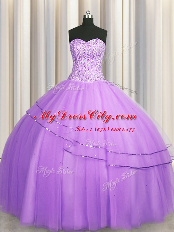 Cute Visible Boning Puffy Skirt Floor Length Lilac Sweet 16 Quinceanera Dress Sweetheart Sleeveless Lace Up