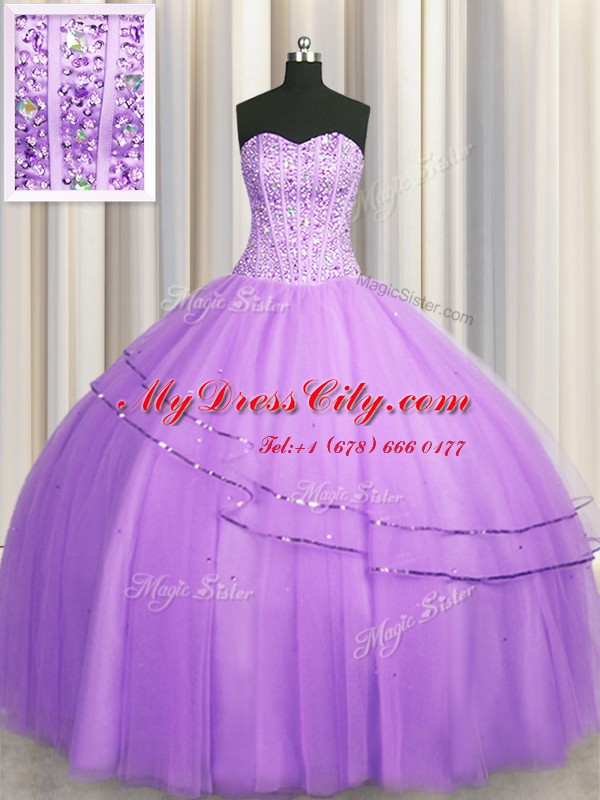 Cute Visible Boning Puffy Skirt Floor Length Lilac Sweet 16 Quinceanera Dress Sweetheart Sleeveless Lace Up