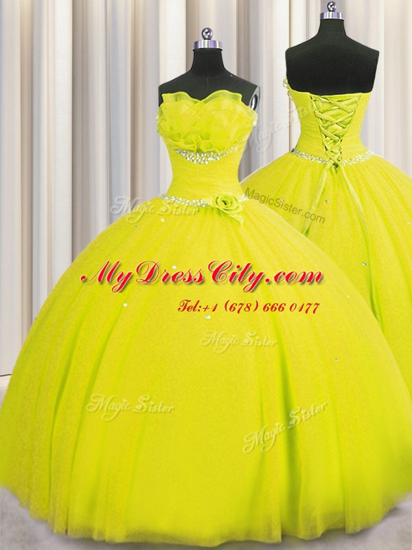 Handcrafted Flower Yellow Lace Up 15 Quinceanera Dress Beading and Sequins and Hand Made Flower Sleeveless Floor Length