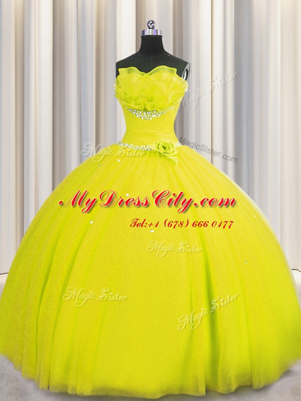 Handcrafted Flower Yellow Lace Up 15 Quinceanera Dress Beading and Sequins and Hand Made Flower Sleeveless Floor Length