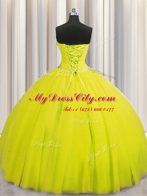 Handcrafted Flower Yellow Lace Up 15 Quinceanera Dress Beading and Sequins and Hand Made Flower Sleeveless Floor Length