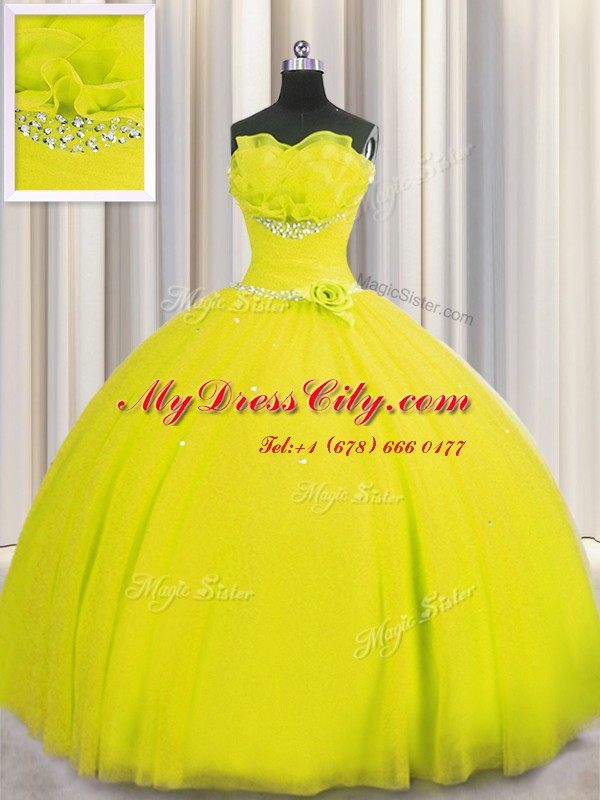 Handcrafted Flower Yellow Lace Up 15 Quinceanera Dress Beading and Sequins and Hand Made Flower Sleeveless Floor Length