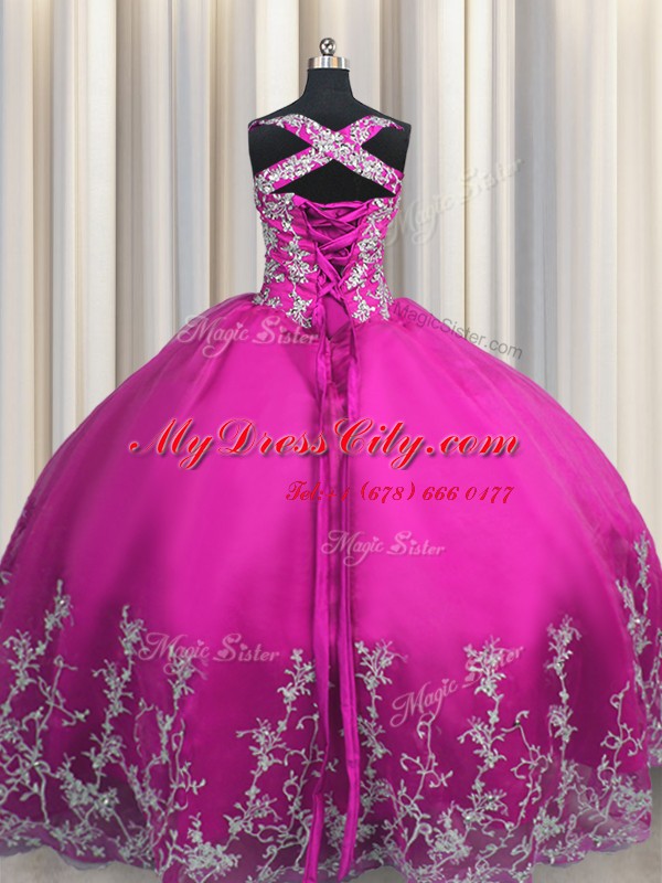 Pretty Fuchsia Sleeveless Tulle Lace Up Quinceanera Gown for Military Ball and Sweet 16 and Quinceanera