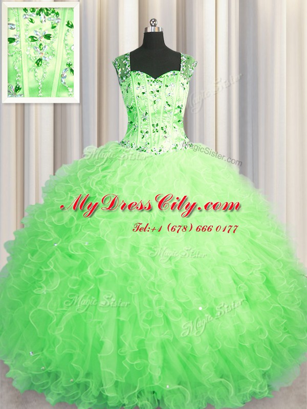 See Through Zipper Up Sleeveless Beading and Ruffles Zipper Sweet 16 Dress