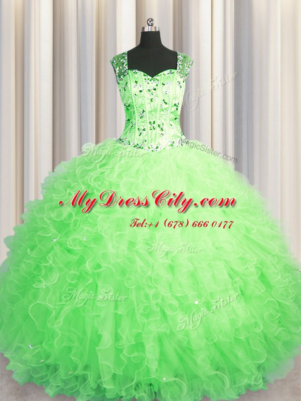 See Through Zipper Up Sleeveless Beading and Ruffles Zipper Sweet 16 Dress