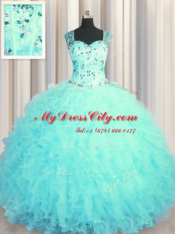 Custom Made See Through Zipper Up Beading and Ruffles Quinceanera Dresses Aqua Blue Zipper Sleeveless Floor Length