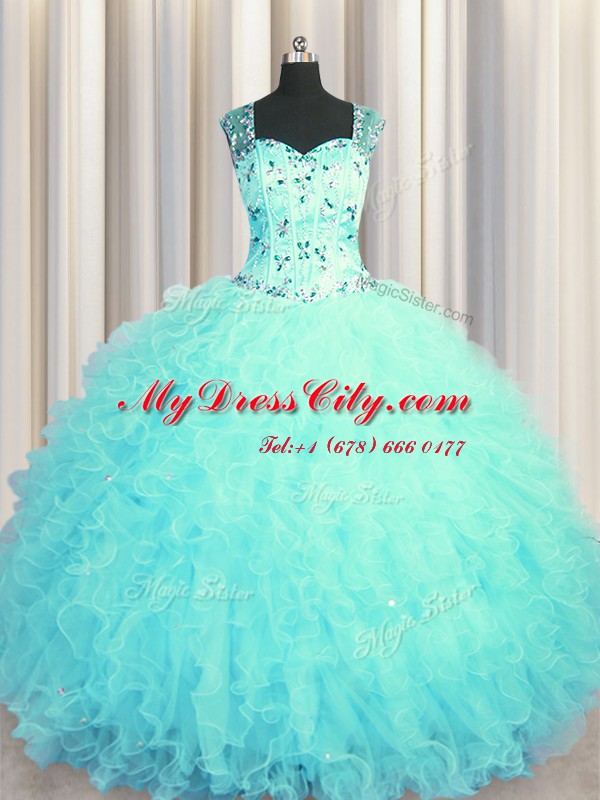 Custom Made See Through Zipper Up Beading and Ruffles Quinceanera Dresses Aqua Blue Zipper Sleeveless Floor Length