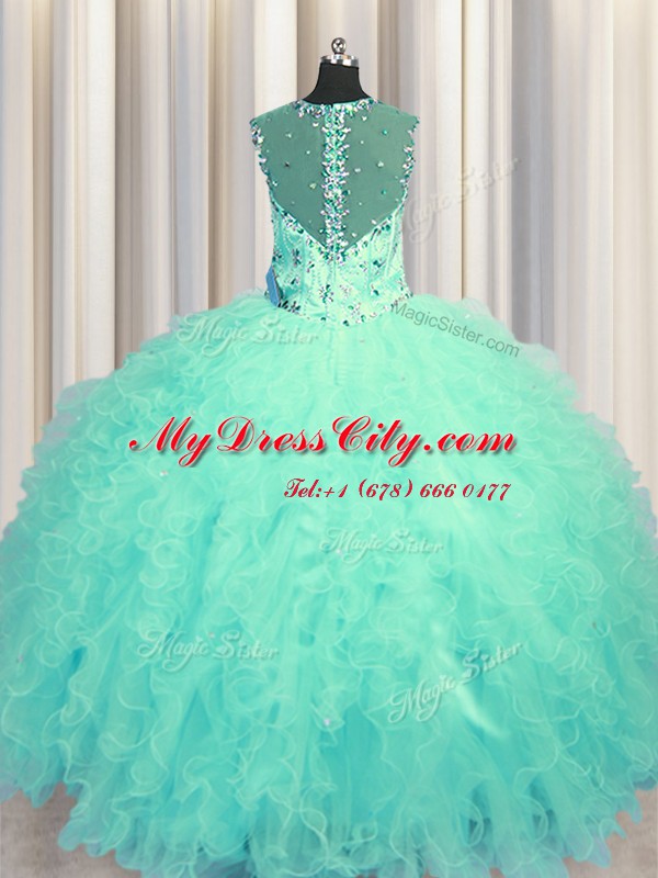 Custom Made See Through Zipper Up Beading and Ruffles Quinceanera Dresses Aqua Blue Zipper Sleeveless Floor Length