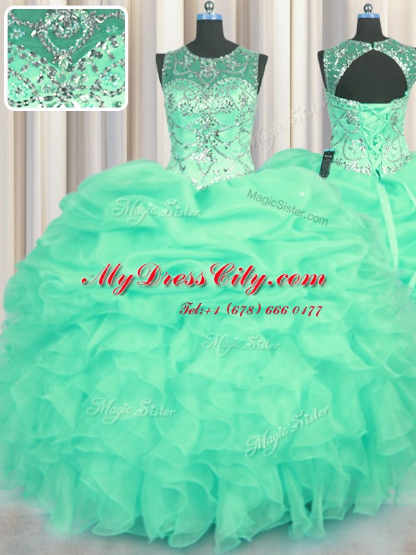 Scoop See Through Sleeveless Organza Floor Length Lace Up Sweet 16 Quinceanera Dress in Turquoise with Beading and Ruffles and Pick Ups