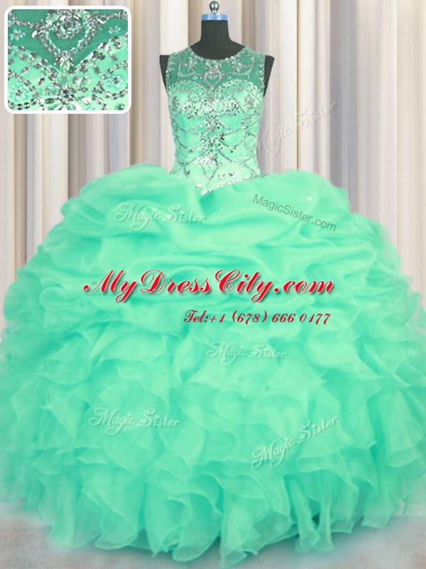 Scoop See Through Sleeveless Organza Floor Length Lace Up Sweet 16 Quinceanera Dress in Turquoise with Beading and Ruffles and Pick Ups