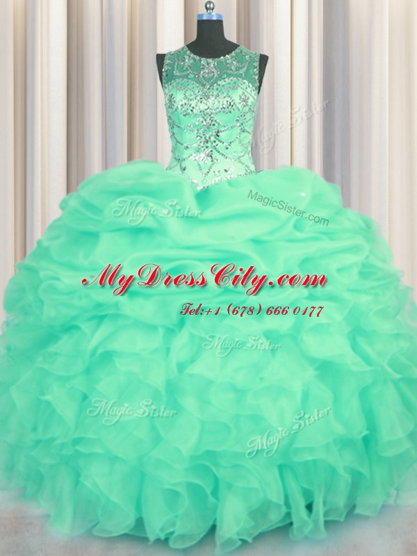 Scoop See Through Sleeveless Organza Floor Length Lace Up Sweet 16 Quinceanera Dress in Turquoise with Beading and Ruffles and Pick Ups