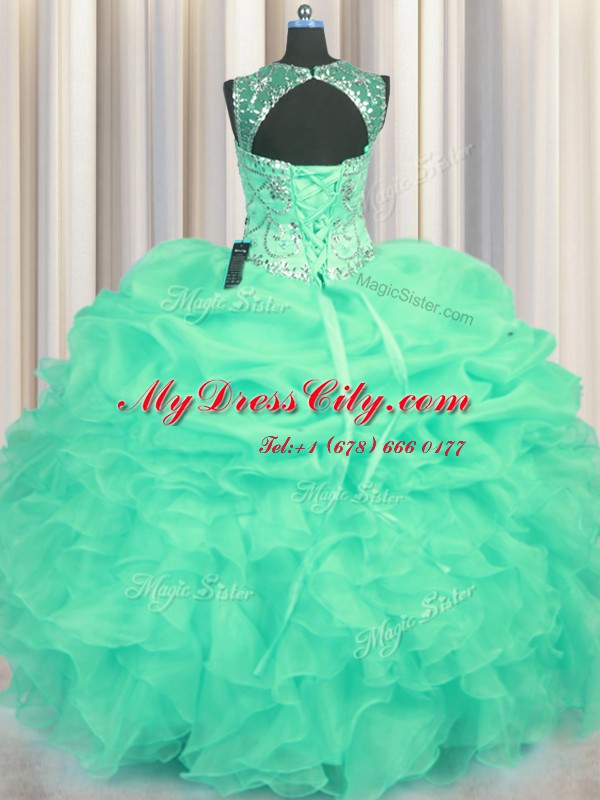 Scoop See Through Sleeveless Organza Floor Length Lace Up Sweet 16 Quinceanera Dress in Turquoise with Beading and Ruffles and Pick Ups