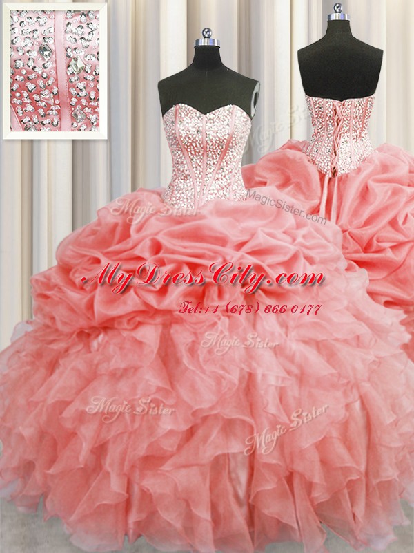 Visible Boning Watermelon Red Ball Gowns Sweetheart Sleeveless Organza Floor Length Lace Up Ruffles and Pick Ups Ball Gown Prom Dress