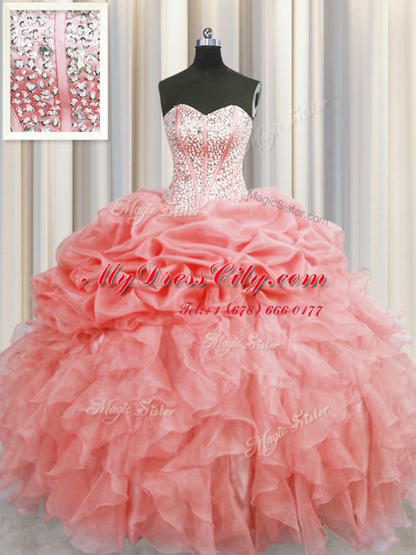 Visible Boning Watermelon Red Ball Gowns Sweetheart Sleeveless Organza Floor Length Lace Up Ruffles and Pick Ups Ball Gown Prom Dress