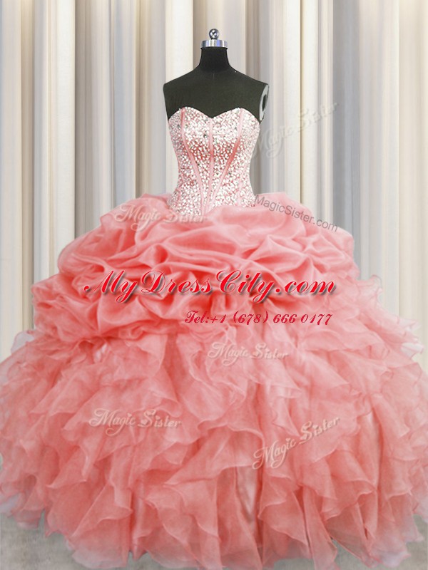 Visible Boning Watermelon Red Ball Gowns Sweetheart Sleeveless Organza Floor Length Lace Up Ruffles and Pick Ups Ball Gown Prom Dress