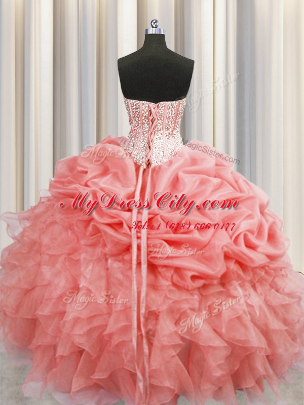 Visible Boning Watermelon Red Ball Gowns Sweetheart Sleeveless Organza Floor Length Lace Up Ruffles and Pick Ups Ball Gown Prom Dress