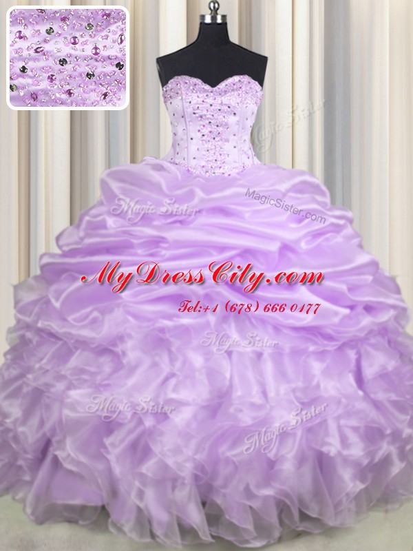 Noble Pick Ups Sweetheart Sleeveless Brush Train Lace Up Ball Gown Prom Dress Lavender Organza