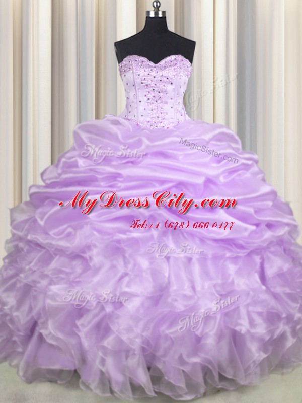 Noble Pick Ups Sweetheart Sleeveless Brush Train Lace Up Ball Gown Prom Dress Lavender Organza