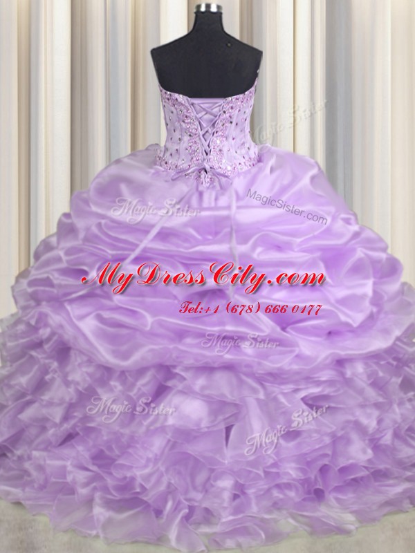 Noble Pick Ups Sweetheart Sleeveless Brush Train Lace Up Ball Gown Prom Dress Lavender Organza