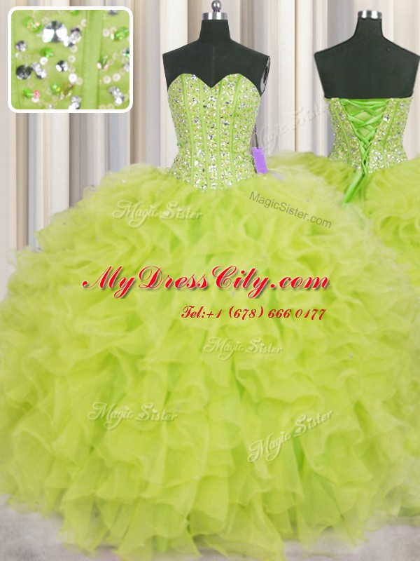 Visible Boning Sleeveless Lace Up Floor Length Beading and Ruffles 15 Quinceanera Dress