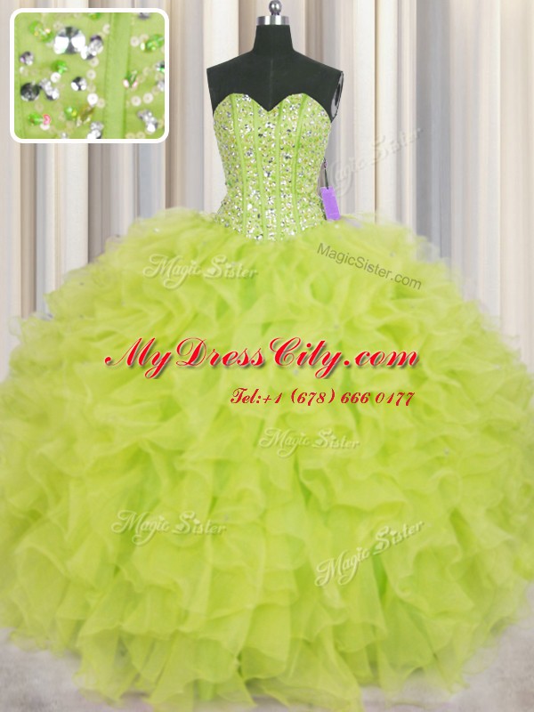 Visible Boning Sleeveless Lace Up Floor Length Beading and Ruffles 15 Quinceanera Dress