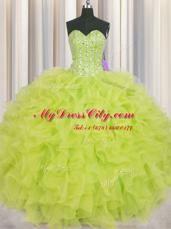 Visible Boning Sleeveless Lace Up Floor Length Beading and Ruffles 15 Quinceanera Dress