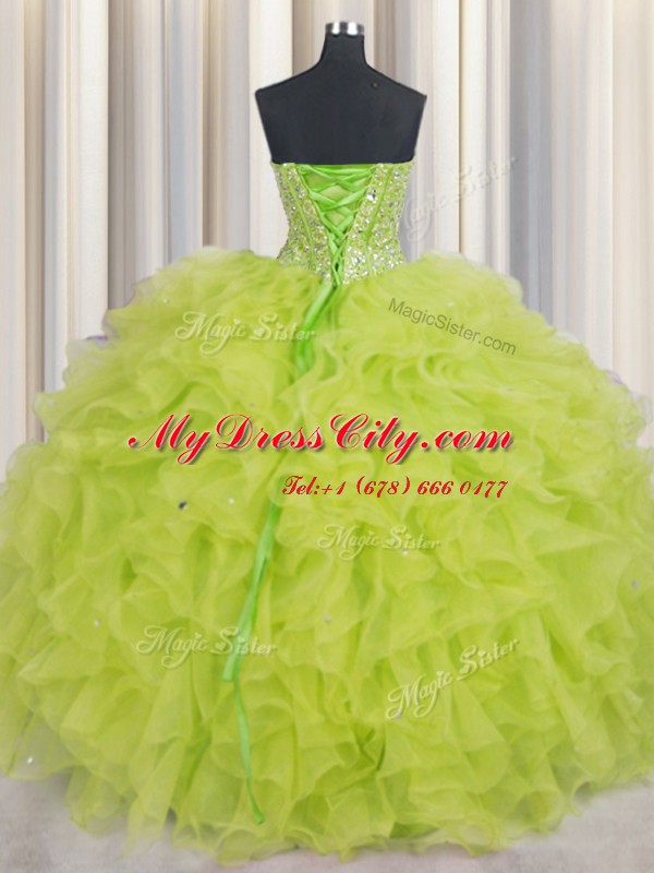 Visible Boning Sleeveless Lace Up Floor Length Beading and Ruffles 15 Quinceanera Dress