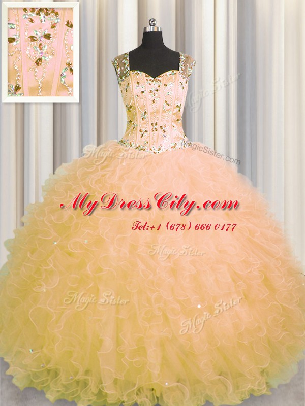 See Through Zipper Up Gold Ball Gowns Straps Sleeveless Tulle Floor Length Zipper Beading and Ruffles Quinceanera Dresses