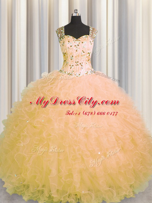 See Through Zipper Up Gold Ball Gowns Straps Sleeveless Tulle Floor Length Zipper Beading and Ruffles Quinceanera Dresses