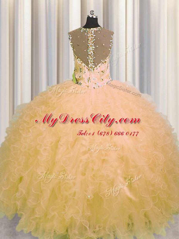 See Through Zipper Up Gold Ball Gowns Straps Sleeveless Tulle Floor Length Zipper Beading and Ruffles Quinceanera Dresses