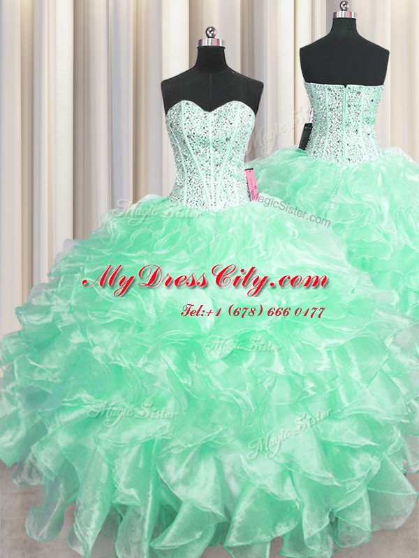 Visible Boning Apple Green Zipper Sweetheart Beading and Ruffles Sweet 16 Dresses Organza Sleeveless